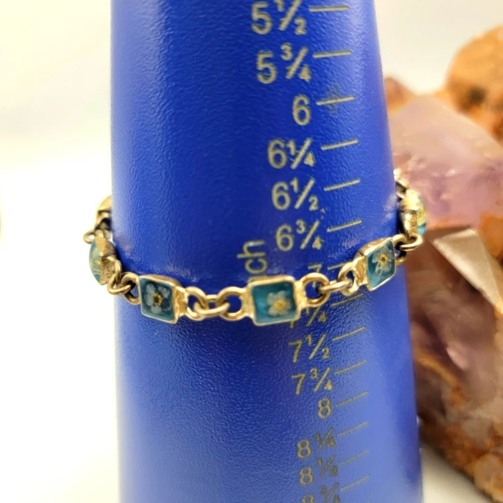 VTG Art Deco Resin Floral Tiny Flowers 925 Signed Sterling Silver Bracelet 14g